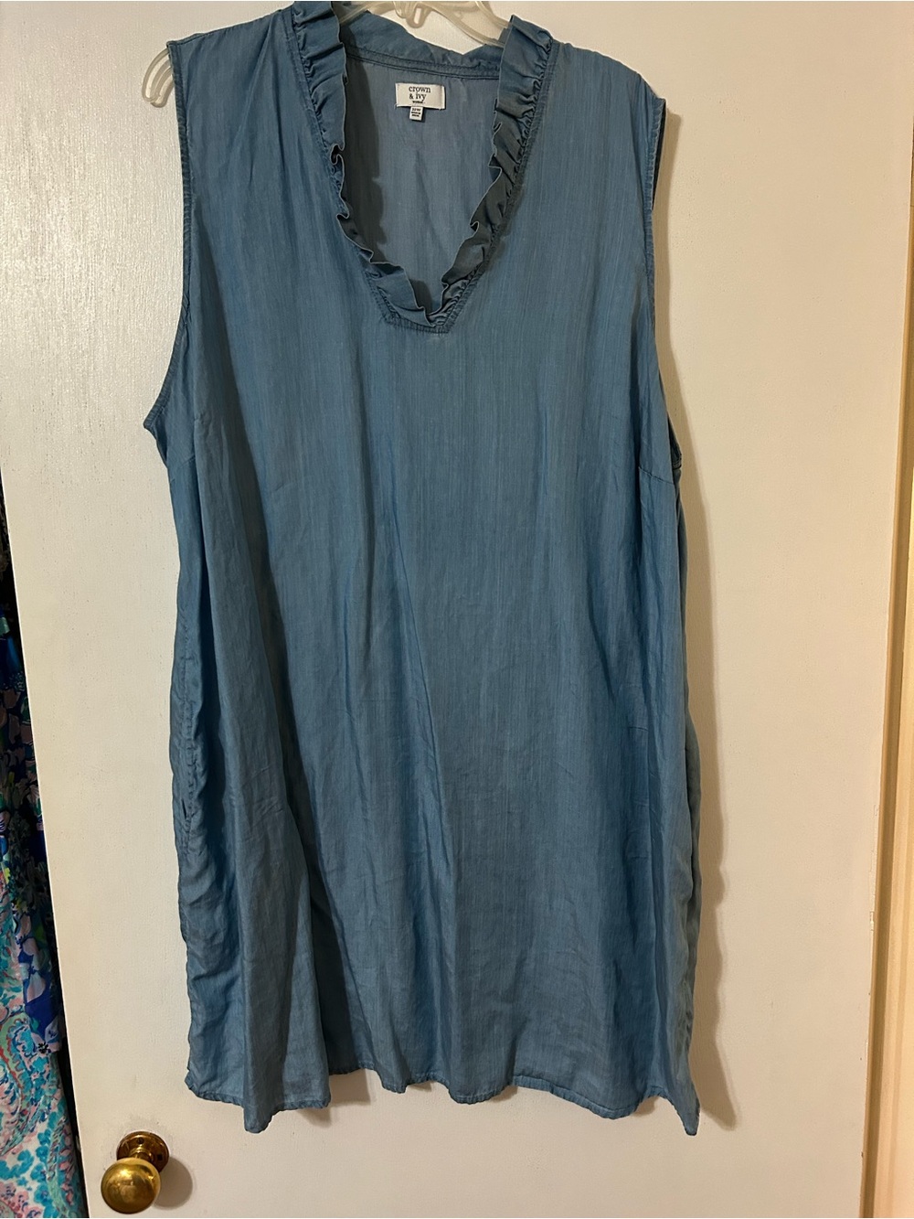 crown & ivy Dusty Blue Sleeveless Ruffle V-Neck Tunic